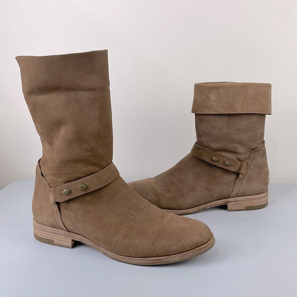 Eileen Fisher Tan Leather Moto Biker Boots Low Mid Calf Size 8 / Wear Two Ways